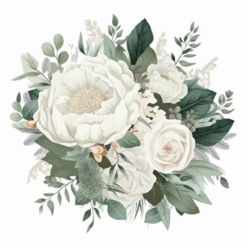Classic white peony, hydrangea, magnolia and rose flowers, eucalyptus, fern, salal, greenery, big vector design wedding spring bouquet