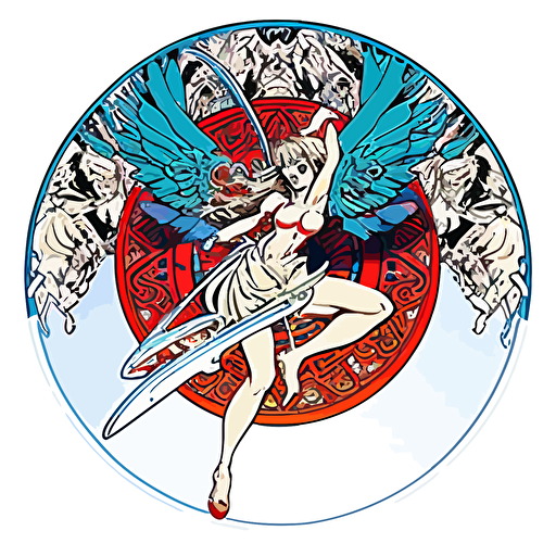 vector 2d creative design style of Japanese anime art comic with great detail and incredible artistic perception of disc golfing Alphonse Mucha circle with a white background, edge frame has amazing design detail with blue white red vivid contrast flying disc frisbee ethereal