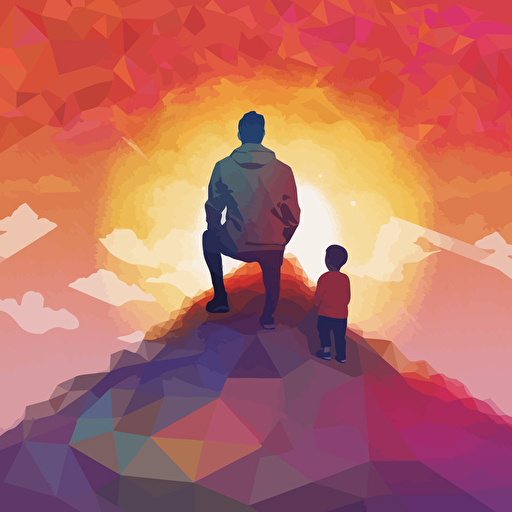 a kids album cover, vector art, silouhette, a young child sitting on top on their dad's shoulders, as they look at the sunset. perspective from the back, fun polygonal shapes in the background and pantone pastel colors, kid friendly vibes