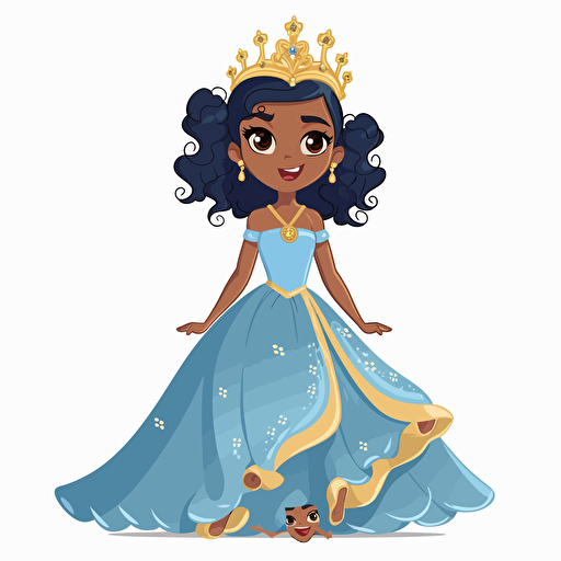 vector illustration full view image in multiple expressions and poses of a cute, adorable, beautiful little mix race girl princess standing, wearing a white and blue child gown and a beautiful golden crown.