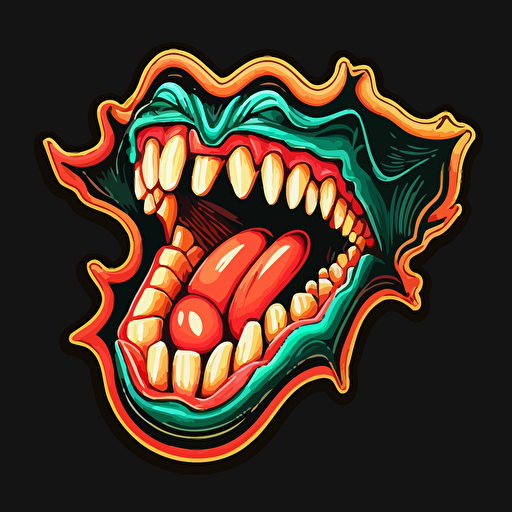 sticker, angry piece of gum with strong jaw perfect teeth, contour, vector, black background