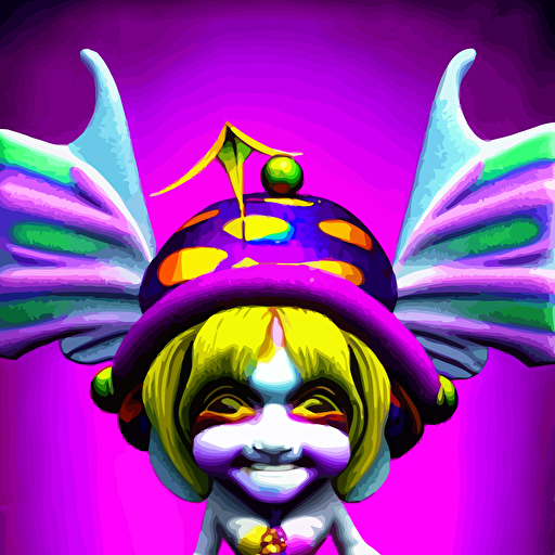 3d render chibi mardi gras jester doll ichiro tanida wearing angel wings psychedelic swirly background 3d butterflies 3d flowers n style 1990 s cg graphics 3d rendered y2 k aesthetic ichiro tanida 3do magazine