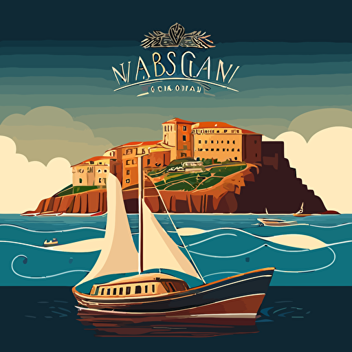 simple vector poster for luxury virginia boat on sardinia, in front of castelsardo