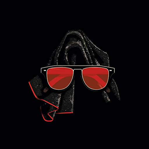 Minimalistic vector logo. Black background, 35mm camera in front of red ray ban sunglasses and a beige scarf.