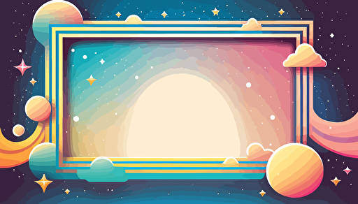 2D Vector, 1970s poster, liminal space backdrop with border, mostly empty, cosmic stars, pastel, high definition, soft gradients