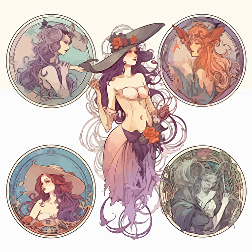 witchy, collection, vector, clipart, white background, pastel shades, atmospheric, Alphonse Mucha style, artistic