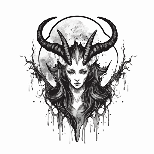 flat vector logo, black and white, ink style, cresent black moon, black stylized moon, goat eye, moon, tree black tears, with the word: volva