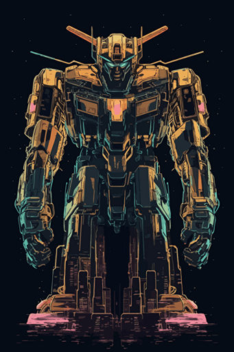 view from the ground looking up at a towering colossal 20 story giant gundam style mech anime mech, vector design, mostly symmetrical, round synthwave sun like a halo behind the robot, on a black background