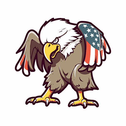 bald eagle in an attack pose, dressed as the american flag, looking very patriotic, vector sticker cutout white background