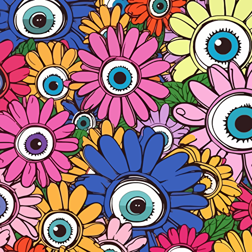assorted group of eyes and flowers pop art flat vectorized murakami style