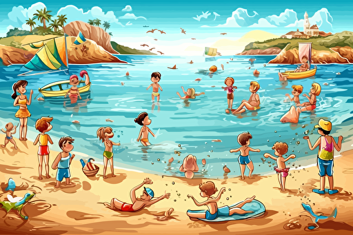 the summer view with a grup of children playing and swimming in the beach on the sunny day vector