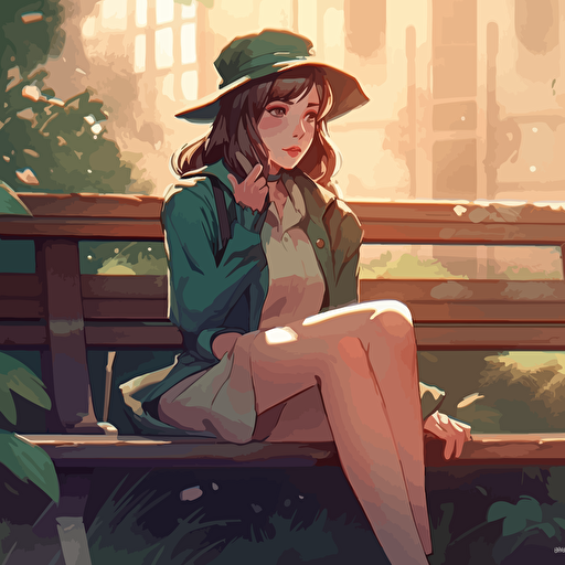 dorothy gale sitting on green color bench Clean Cel shaded vector art by lois van baarle, artgerm, Helen huang, by makoto shinkai and ilya kuvshinov, rossdraws, illustration