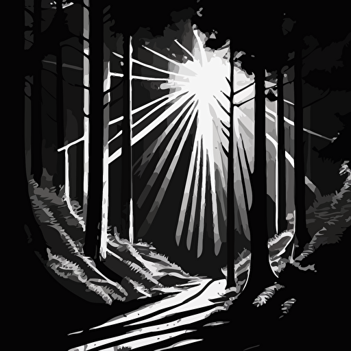 Light shining through the trees in a forest, with a winding path extending toward the light, flat vector art, black and white