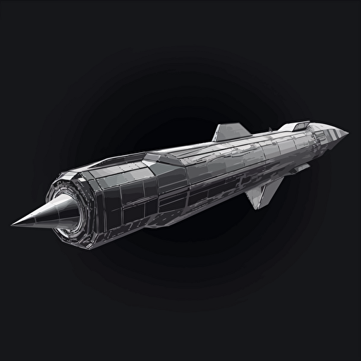 long rectangular prism shaped spaceship on black background, 2d vector, gray tones