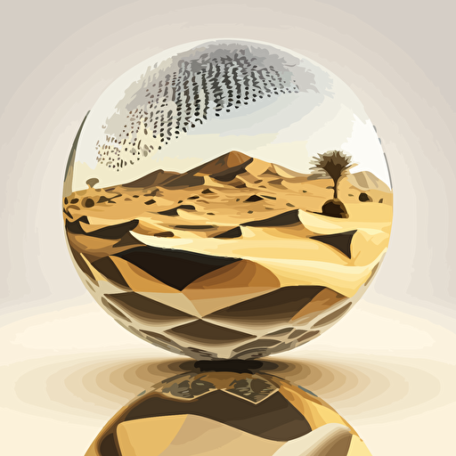 mirror ball reflecting a desert landscape in a white space, cell shaded, vector art