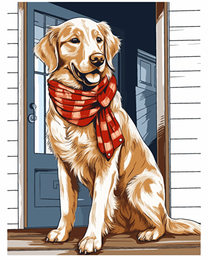 paint a golden retriever standing on its hind legs leaning against the wall inside of a nice house, wearing a bandana, vector art style, white background