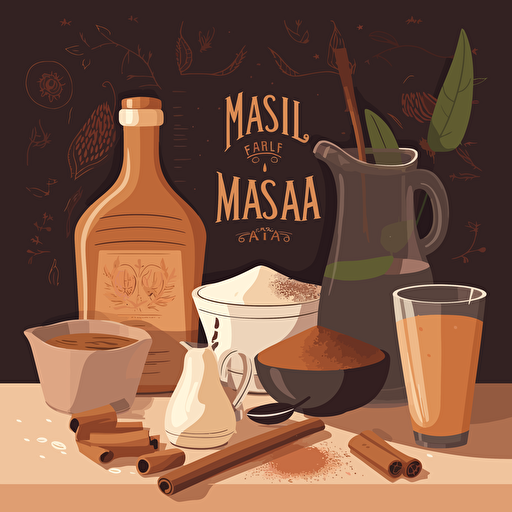 Flat Vector Illustration of ingredients used to make Indian Masala Tea. Mood is a Parisian Table setting, Style of Malika Favre. Use only 3 Colours. Strong Light and Shadow. Style of Maite Franchi
