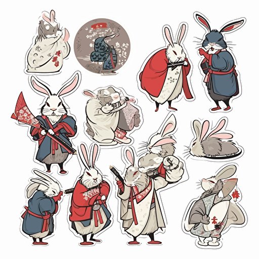 set of stickers: samurai hare hug, spmurai hare laugh, samurai hare kiss, samurai hare dream, samurai hare gnome, samurai hare thoughtfulness, on white background, vector,