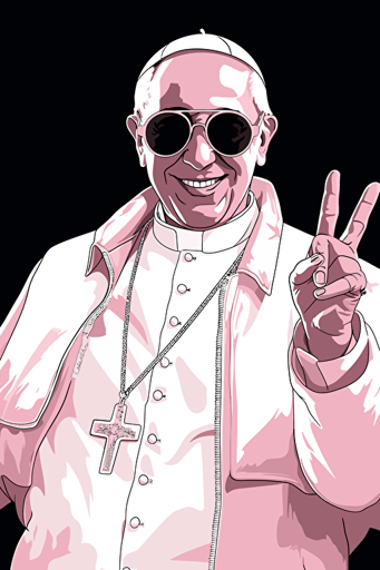 pope francis, wearing a white hoodie and white stylish gen z popstar suit fancy coat jacket, stylish sunglasses, smiling, giving a peace sign, 80s comic style vector poster, pinks and whites, black background,