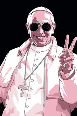 pope francis, wearing a white hoodie and white stylish gen z popstar suit fancy coat jacket, stylish sunglasses, smiling, giving a peace sign, 80s comic style vector poster, pinks and whites, black background,