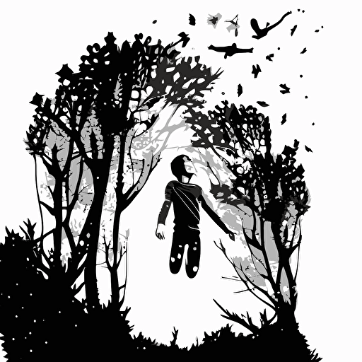 Happy mood black and white vector of boy flying over trees
