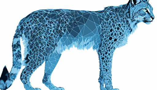 2d, simple, sprite, vector line drawing of a transparent, polygonal computerized lynx, blue color #11375c, #a9c9e7, side view