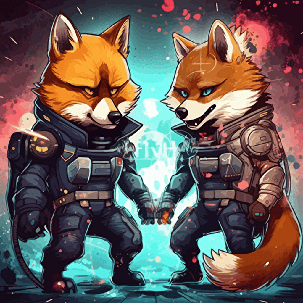 Create an image of a massive battle between two different states shiba inu cyber punk and fox dark shiba inu outfit battle, galaxy explose, anime background, vector, greekpunk, marvel style, white background