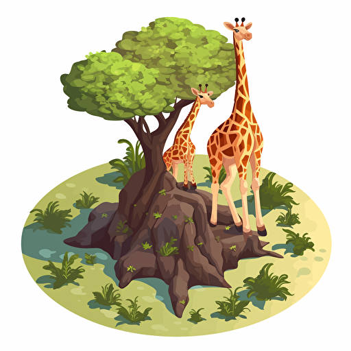 isometric cartoon vector style image of giraffe enclosure, two giraffes, baby giraffe, eating from tree