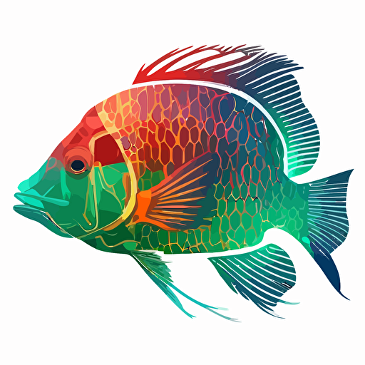 red and green cichlid fish vector logo, transparent human brain overlay