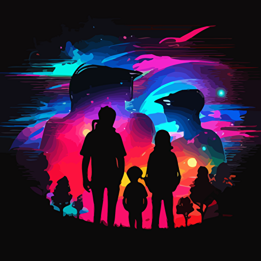 silhouette of a family overlooking a new universe with VR headsets on, vectorized, neon colors