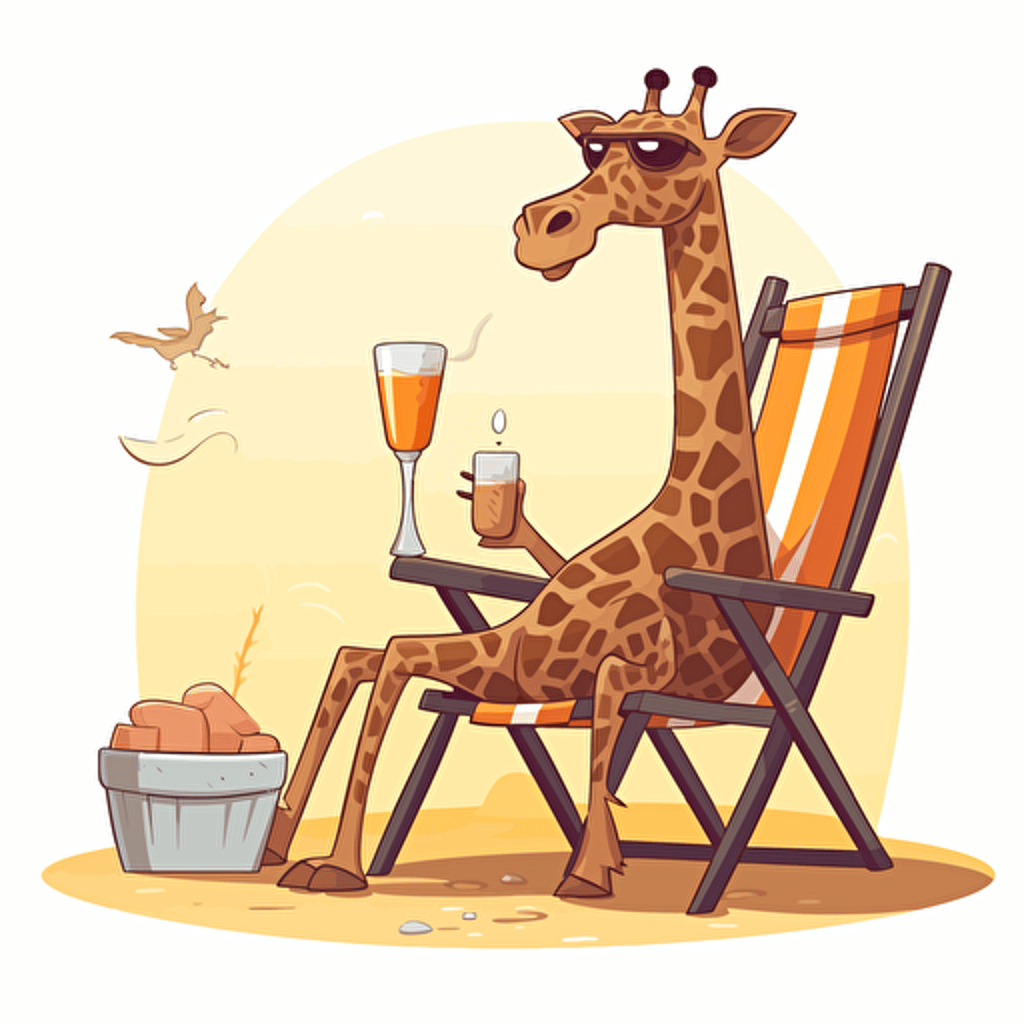 Giraffe lying on a deck chair drinking a drink with a long straw,in the style of playful cartoonish illustrations,vector look, 2d game art, kawaii, edmund leighton, simple