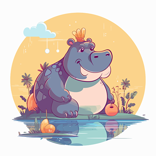 hippo, lake, detailed, cartoon style, 2d clipart vector, creative and imaginative, hd, white background