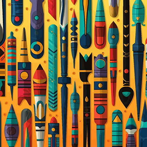 assorted group of colored wooden tools, african style, pop art, flat art, vector art