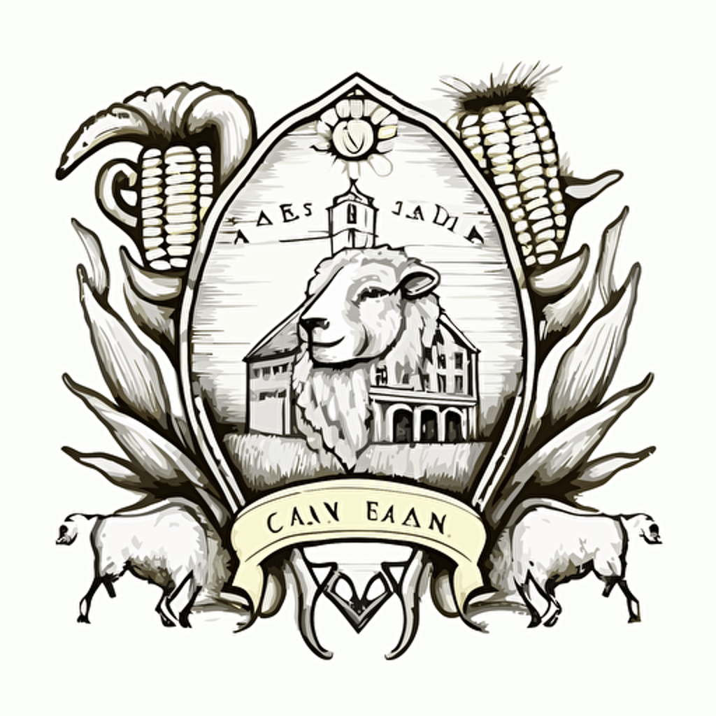 line drawing coat of arms, iowa barn, head of a sheep below sleeve, corn, Vector