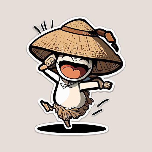 grain of rice dancing, with legs and arms, laughing, with traditionnal asian hat, drawing, vector, sticker