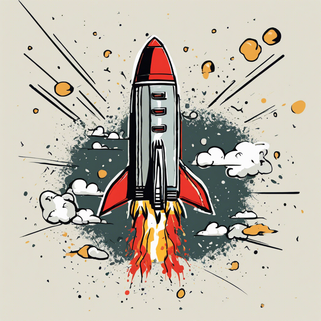 a rocket, illustration in the style of splattering, illustration, flat, simple, vector