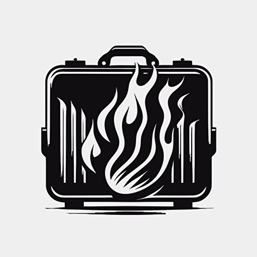 Retro futuristic iconic logo of burning briefcase, black vector, on white background.