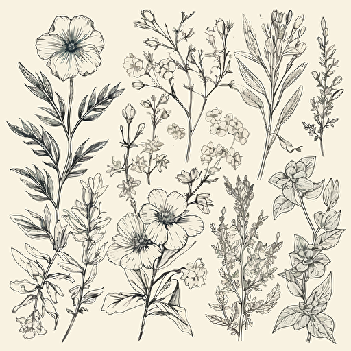 clip art, flowers with branches and leafs, black linework, vector, white background, variations,