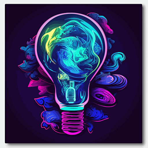 vector art style a light bulb with money swirling inside, giving off neon light, use blues and purples, in the style of Michael Parks, sticker