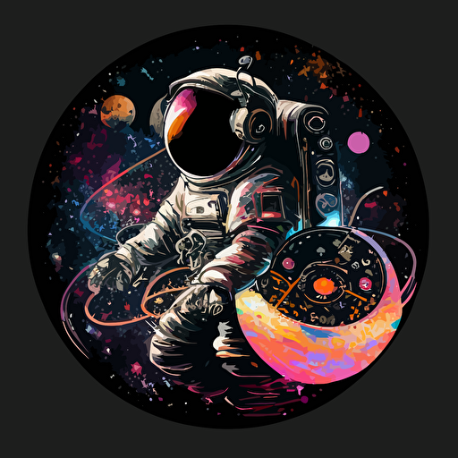 a dj astronaut with a galaxy pattern vinyl record on black background, 2d vector