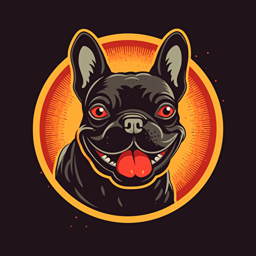 A vector logo of a french bulldog smiling, tongue out for a dog grooming business, happy, simple, memorable, invoking excitement, lively, imaginative, friendly, playful, red, yellow, orange