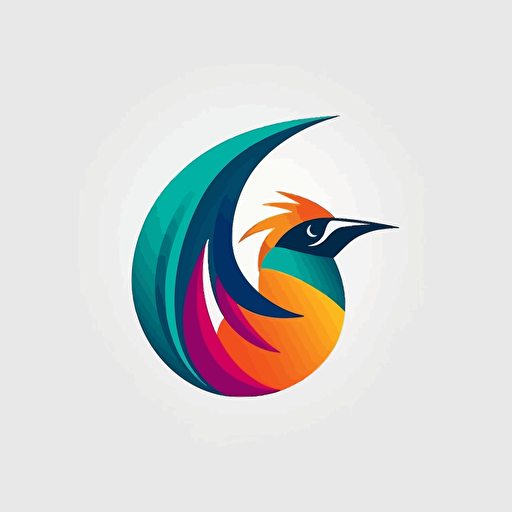 create a modern, minimalist but colourful logo on white background of a flying bird of paradise from papua new guinea in flat vector art style