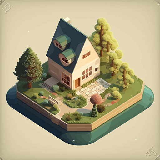 beautiful isometric with a garden, isometric view, vector illustration, modern, clean, high focus intricate details, soft smooth lighting, soft colors, 100mmlens, use shape like globe, triangle, cone, minimalist, night view, cute triangle small house in top of the podium with green grass and Christmas tree landscape