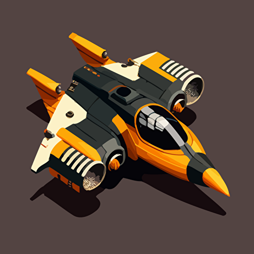futuristic space ship, top down, isometric, orange and grey, black background, minimalistic, vector