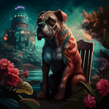 construct a detailed avatar of a boxer dog in street clothes sitting in a chair facing the foregorund, surrounded by magical glowing plants shrubs and roses, with a view of a abandoned city in the background, broken carnival rides in the distance. set from vacant woods in the foreground, trees, dead roses, clouds. Incorporate a gloomy and dreadful vibe to evoke a sense of eerieness and wonder. Use a digital painting style reminiscent of Thomas Kinkade and James Gurneya illustration, drawing, flat illustration, vector style