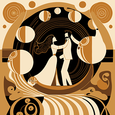 Based on Gustav Klimt's decorative style, design a vector illustration of an elegant ballroom scene with couples dancing together, using simple shapes, patterns, and a golden color palette. Set the scene in the early 20th century.