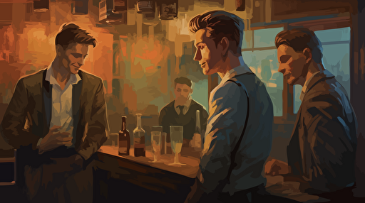 a painting of gay men at the bar in a club, in the style of sam spratt, simplistic vector art, 32k uhd, kris knight, danny lyon, marvel comics, film noir-esque