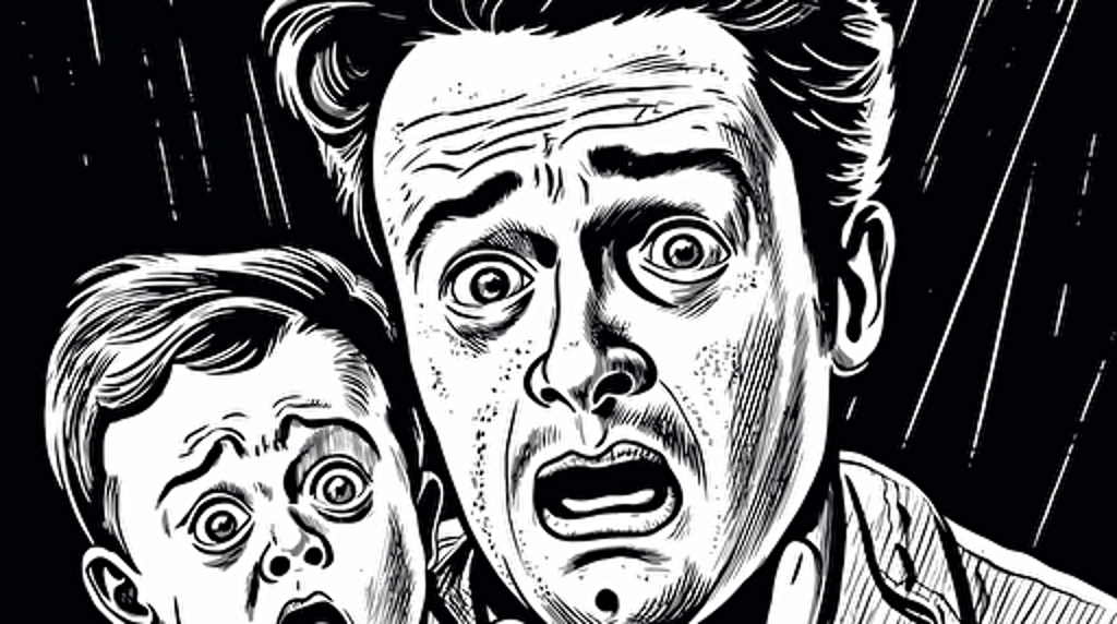 Young father looking desperate holding crying baby, Vector art, funny, black and white ,