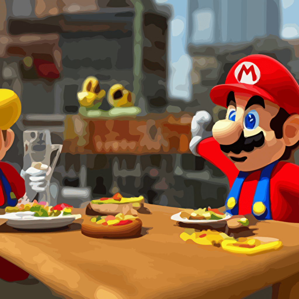 super mario sitting table eating delicious hamburgers digital art wide shot highly detailed hyperrealistic photorealistic unreal engine 5 detailed emotional professional 3d artist dynamic lighting trending artstation 4k uhd epic composition masterpiece