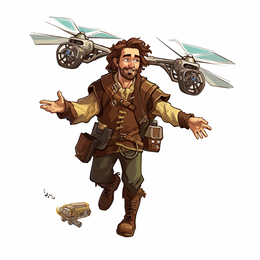 vector illustration of a half-elf artificer, male, a small amount of facial hair, shaggy brown hair, flying a drone